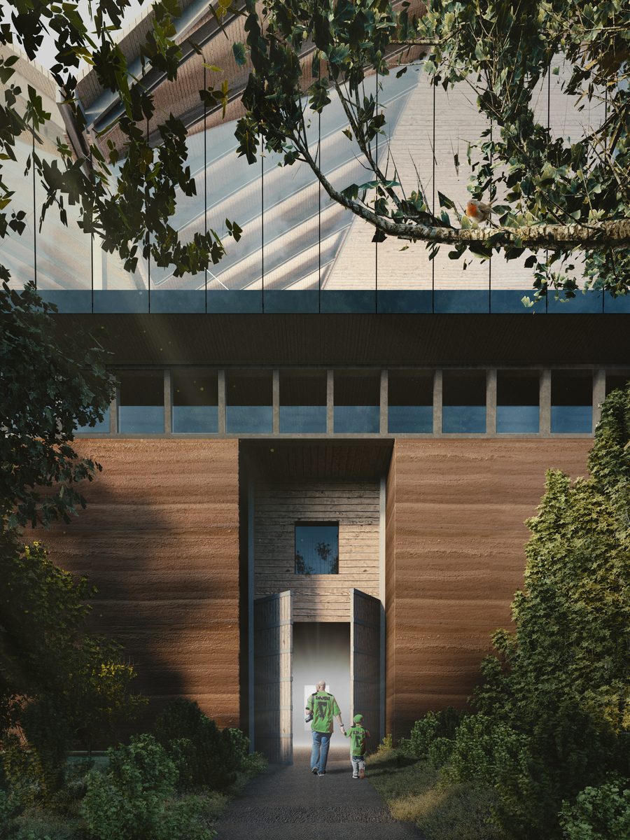 Forest Green Rovers Stadium visual, a woodland path arriving at a tall timber gate set into rammed earth walls